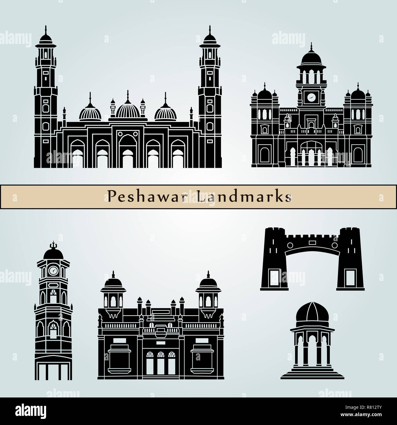 Peshawar hitos y monumentos aislados sobre fondo azul en el archivo vectorial editable Foto de stock