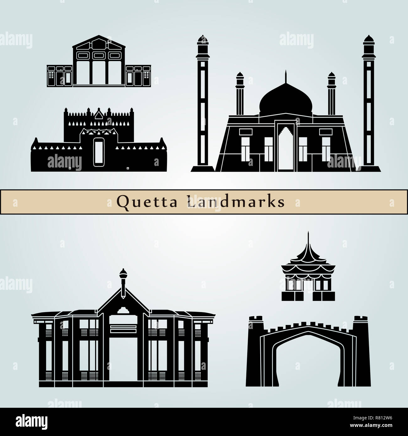Quetta hitos y monumentos aislados sobre fondo azul en el archivo vectorial editable Foto de stock