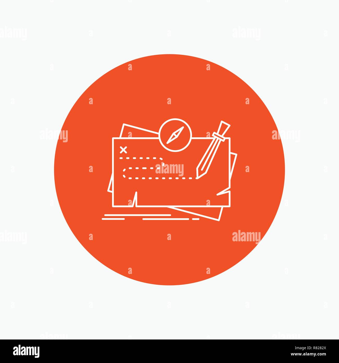 Juego, mapa, misión, quest, rol icono de línea blanca en un círculo de