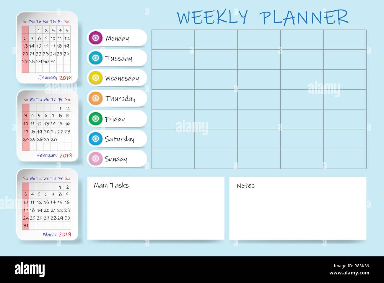 Calendario para el primer trimestre de 2019 año con el planificador semanal  gráfico y etiquetas en blanco para notas y tareas principales. Tablas  mensuales son verticales. Inicio de semana S Imagen Vector