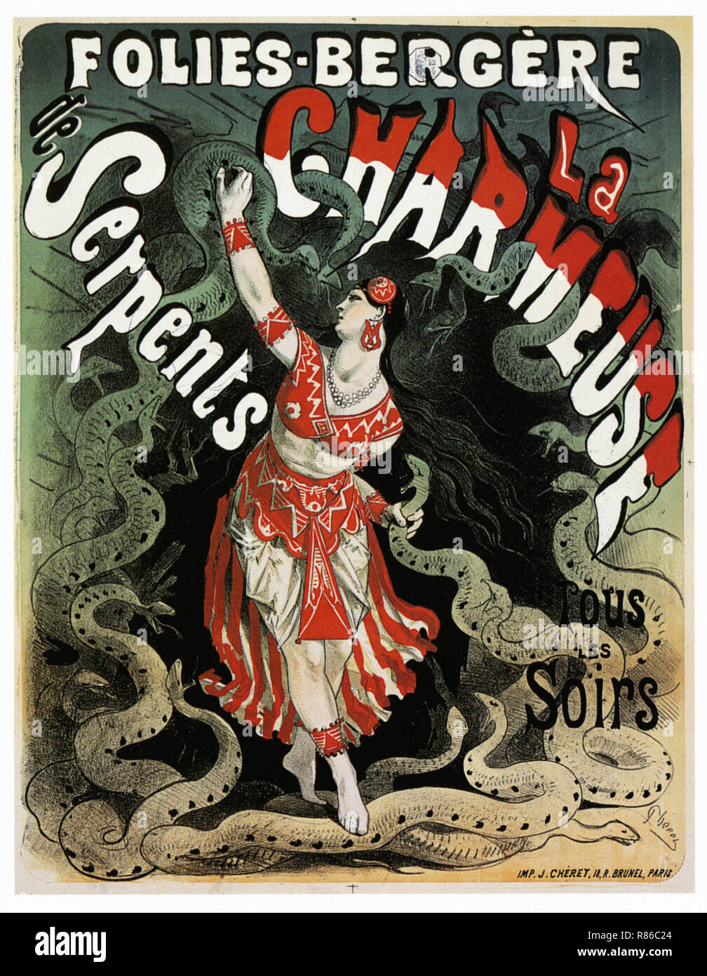 El domador de serpientes Folies Bergeres - Vintage poster publicitario Foto de stock