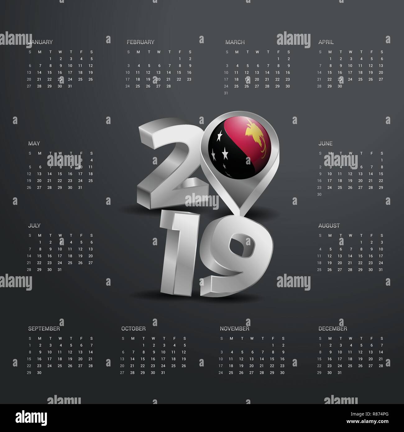 2019 Calendar Template. Tipografía gris con Papua Nueva Guinea Mapa del