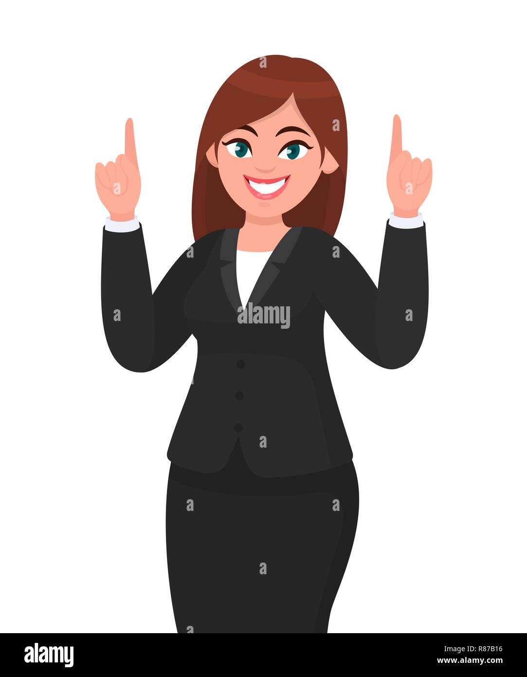 Mujer de negocios feliz el dedo índice apuntando hacia arriba. Mujer / elevación elevación a mano hacia arriba. La empresaria ilustración del concepto de vector estilo de dibujos animados Imagen Vector de Mujer de negocios feliz el dedo índice apuntando hacia arriba. Mujer / elevación elevación a mano hacia arriba. La empresaria ilustración del concepto de vector estilo de dibujos animados Imagen Vector de