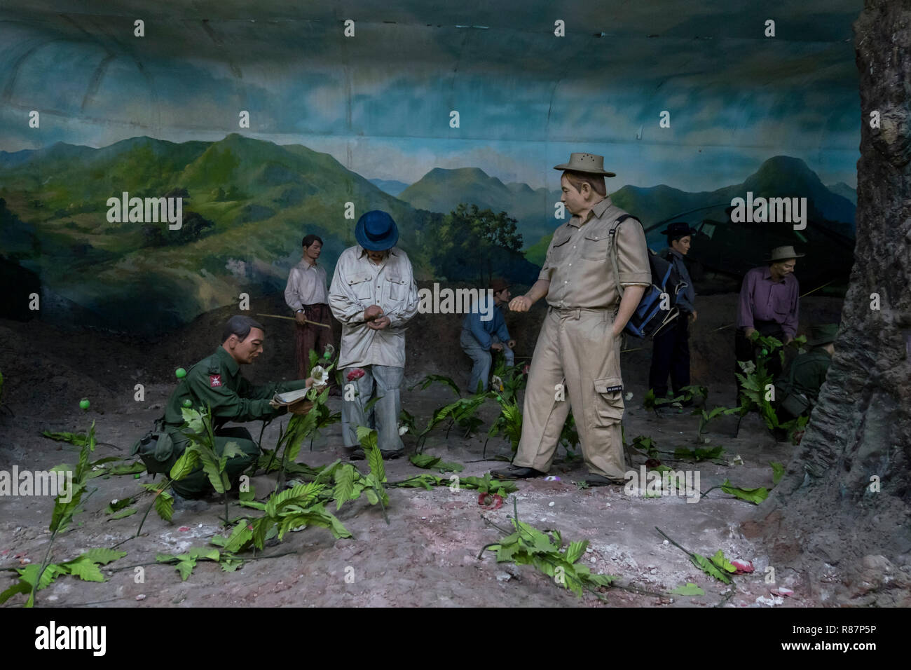 Diorama mostrando la destrucción de amapola en la eliminación de las drogas en el Museo en Yangon, Myanmar. Foto de stock