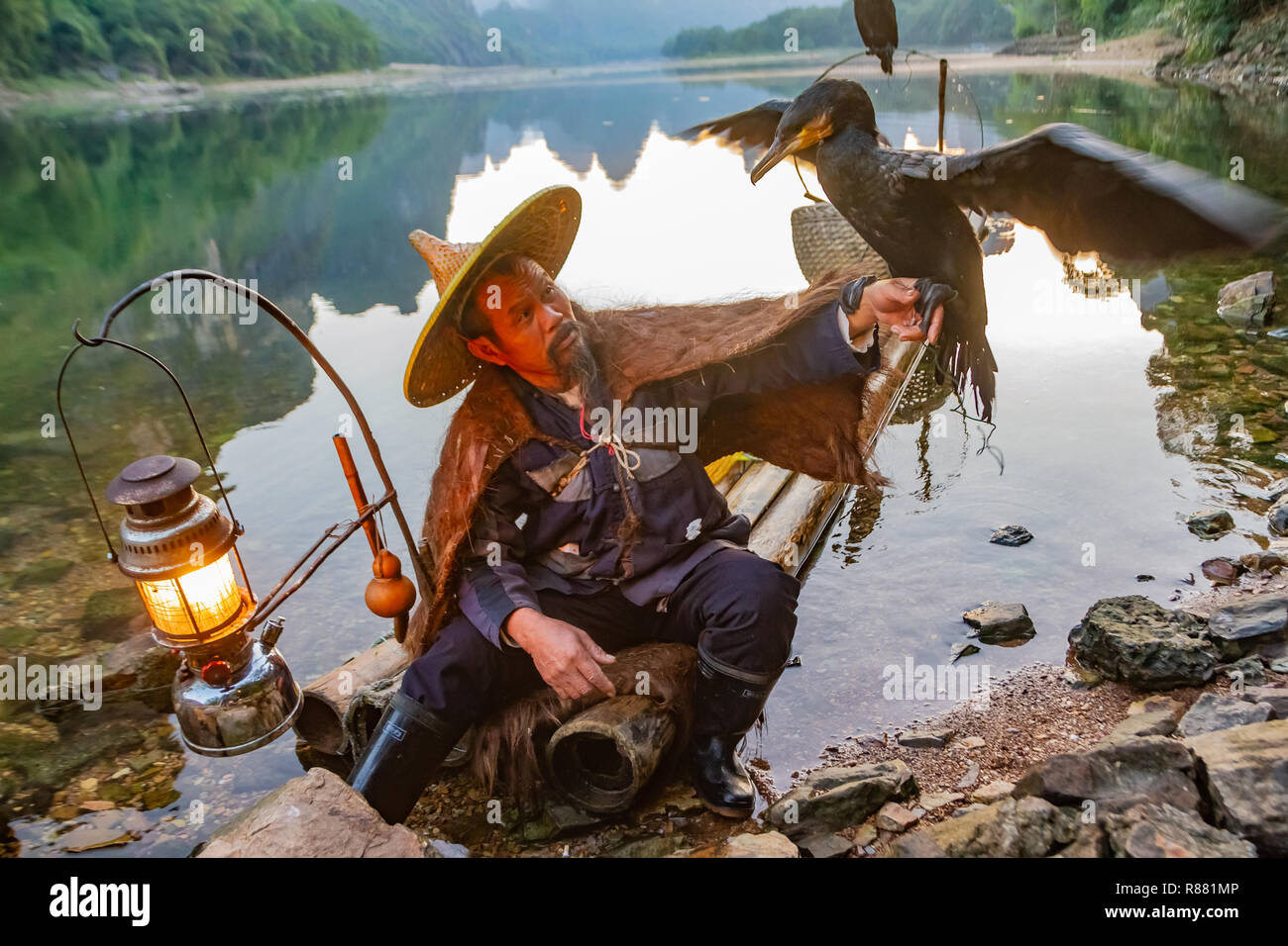 Cormorán pescador chino celebración cormorán pájaro sobre el brazo en balsa  en el lago en Guilin, China. Pescador llevar sombrero de paja y cabo, tiene  linterna en balsa Fotografía de stock -
