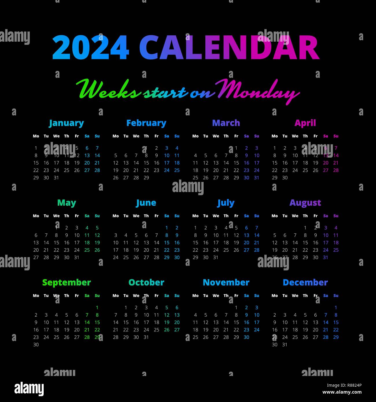 Simple calendario del año 2024 sobre el fondo negro Imagen Vector de