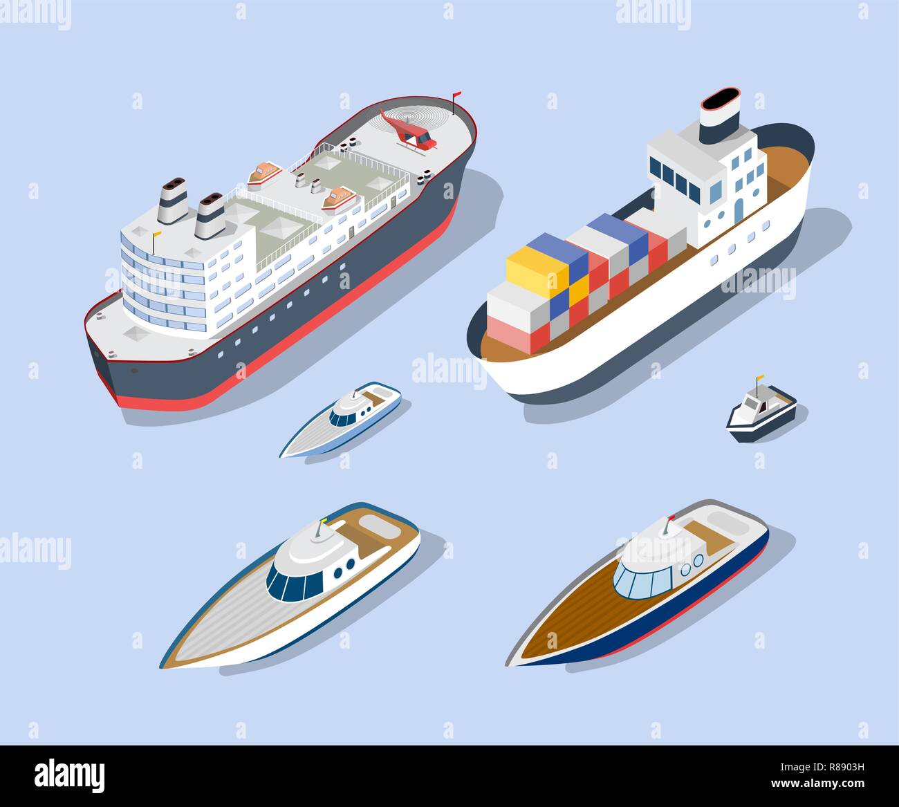Isométrica maquetas de barcos, yates, barcos y vehículos de transporte  marítimo industria Imagen Vector de stock - Alamy