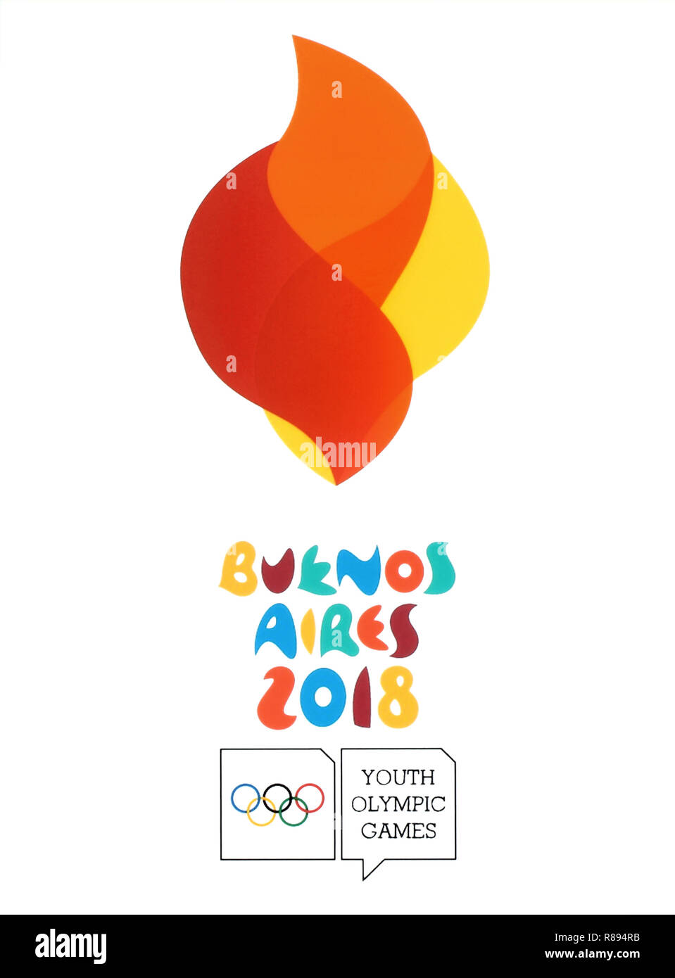 Kiev, Ucrania - Agosto 16, 2018: el logotipo de Buenos Aires 2018 Impreso en papel, Juegos Olímpicos juveniles de verano. Es un festival deportivo para adolescentes. Foto de stock