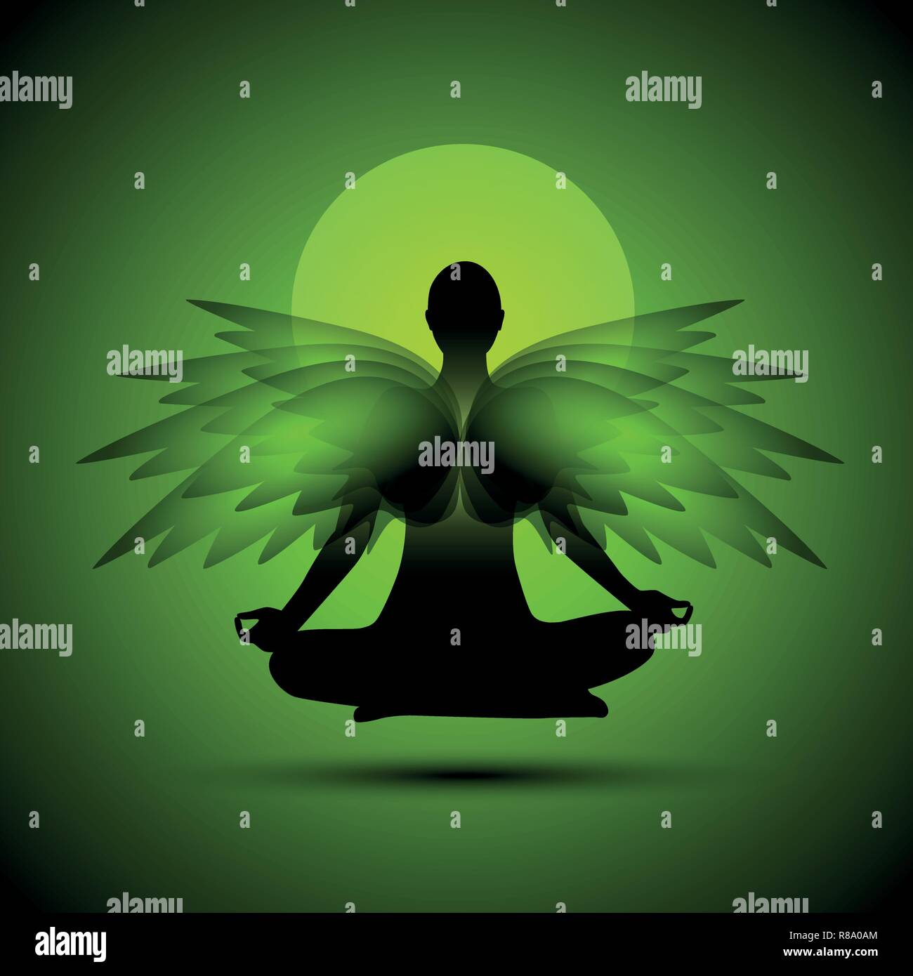 La meditación yoga espiritualidad silueta alas verde ilustración vectorial EPS10 Ilustración del Vector