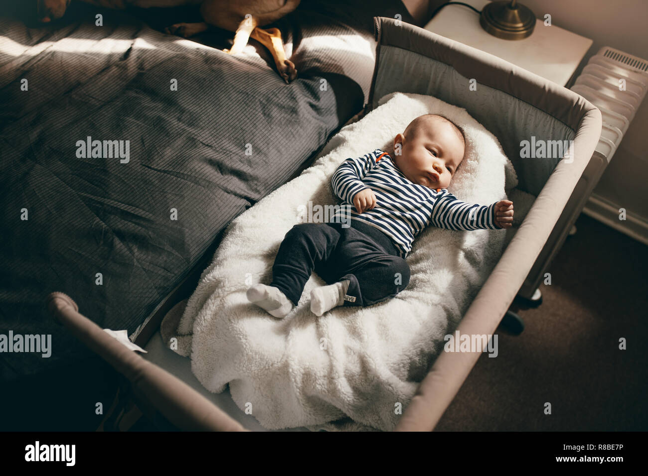 Bebé acostado en una cabecera moisés mueve sus manos y piernas. Bebé jugando y mirando las cosas alrededor de acostado en la cama. Foto de stock