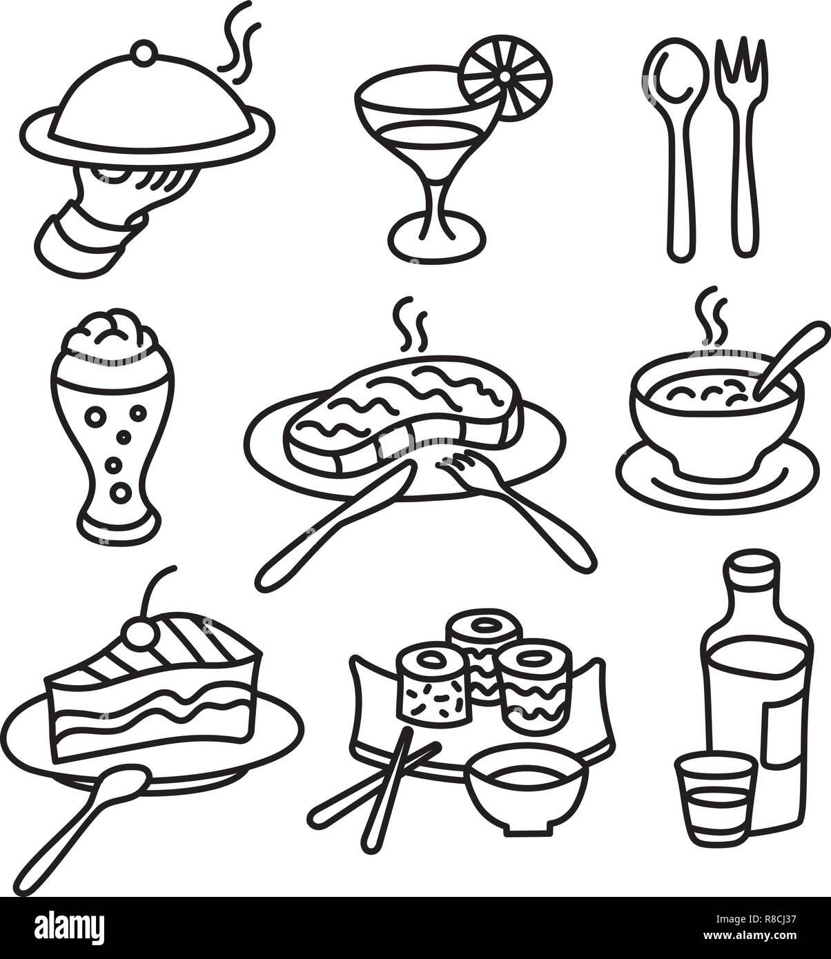 Juego De Dibujos Iconos Para Restaurante Y Cafeteria Comida Y Platos Imagen Vector De Stock Alamy