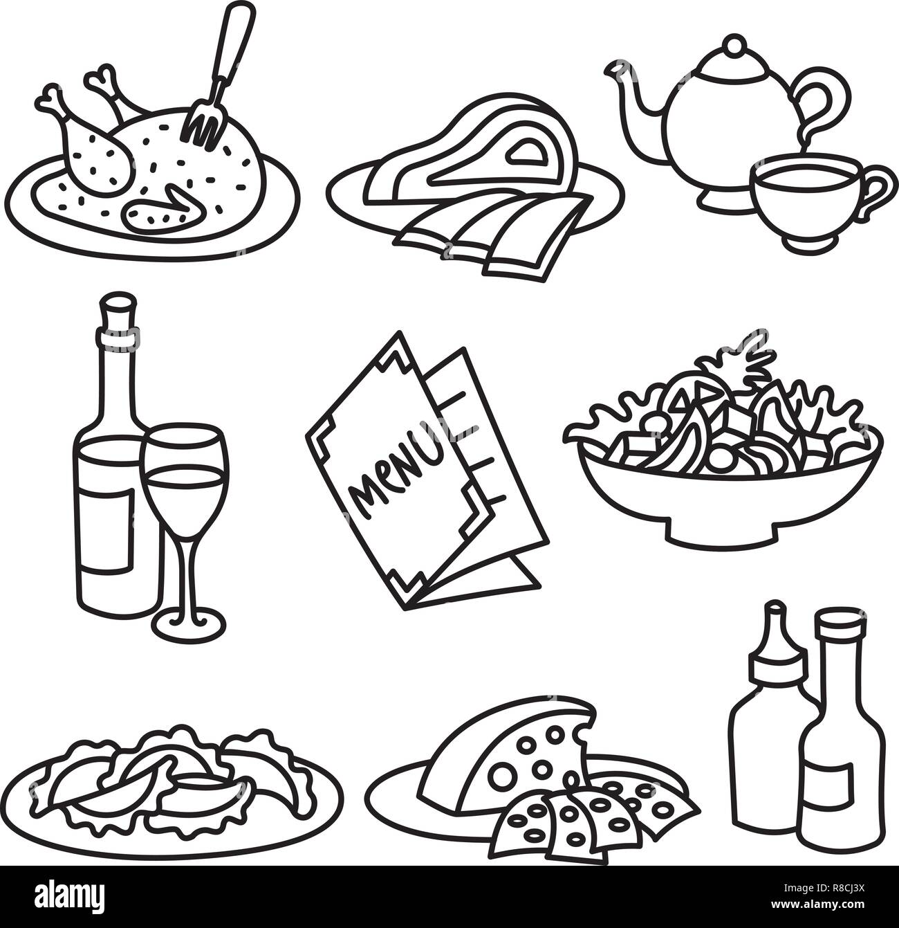 Conjunto de iconos de restaurante y cafetería, servicio de alimentos y  bebidas Imagen Vector de stock - Alamy