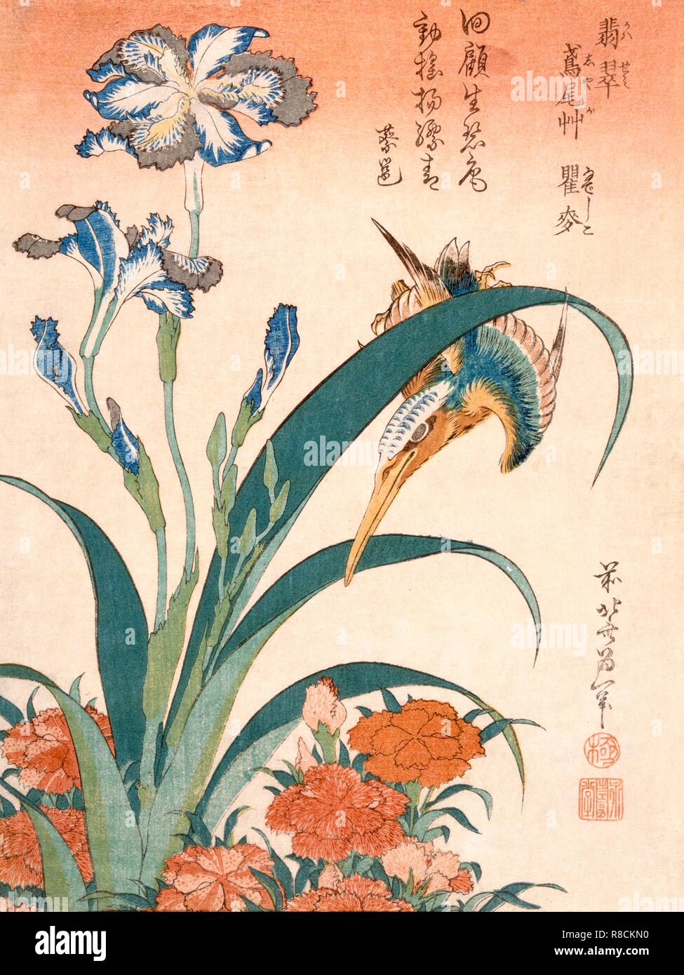 Kingfisher, lirios y rosas, publicado c1834. Creador: Katsushika Hokusai (1760-1849). Foto de stock