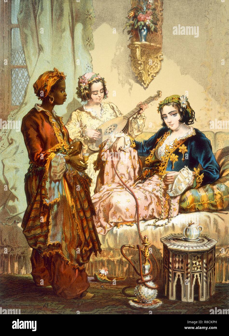 La taza de café: Dos mujeres tomando café y tabaco de burbuja, pub. 1865. Creador: Amadeo Preziosi (1816-82). Foto de stock