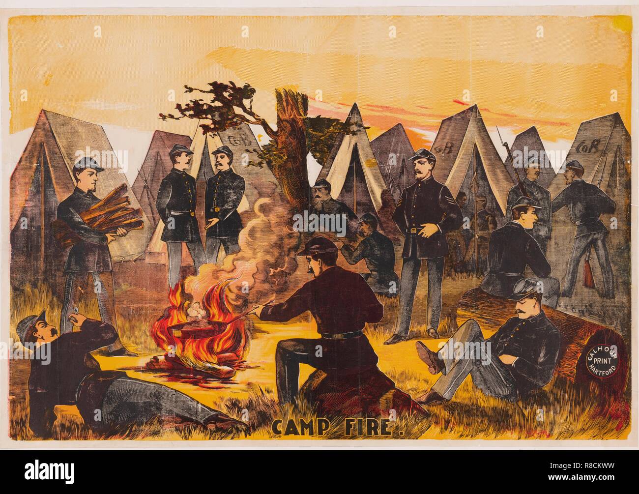 Fuego de campamento, pub. c1865 Color (litografía) Creador: American School (siglo xix). Foto de stock