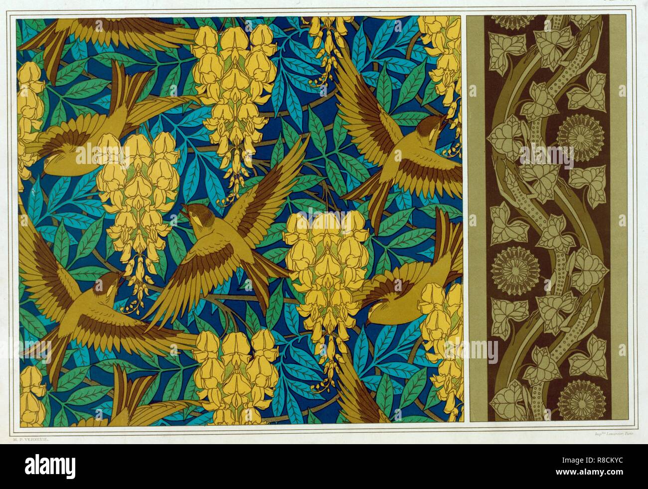 Diseños para aves y glicinas colgando y frontera de papel tapiz con lagartijas e Ivy, pub. 1897. Creador: Maurice Pillard Verneuil (1869?1942). Foto de stock