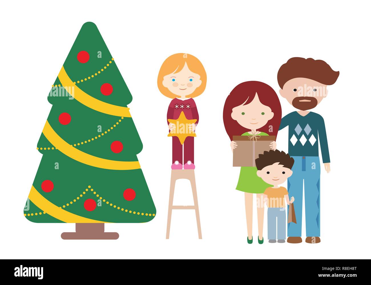 Dibujos Animados Diseño Ilustración plana de una familia en un árbol de  Navidad con regalos. Con la madre y el padre con hijos - vector Imagen  Vector de stock - Alamy