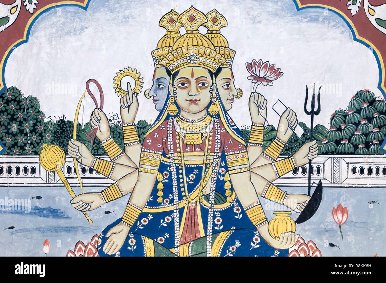 La India, el estado de Rajasthan, Nawalgarh, mural dentro de un haveli, una casa tradicional, el dios Hindú Brahma Foto de stock