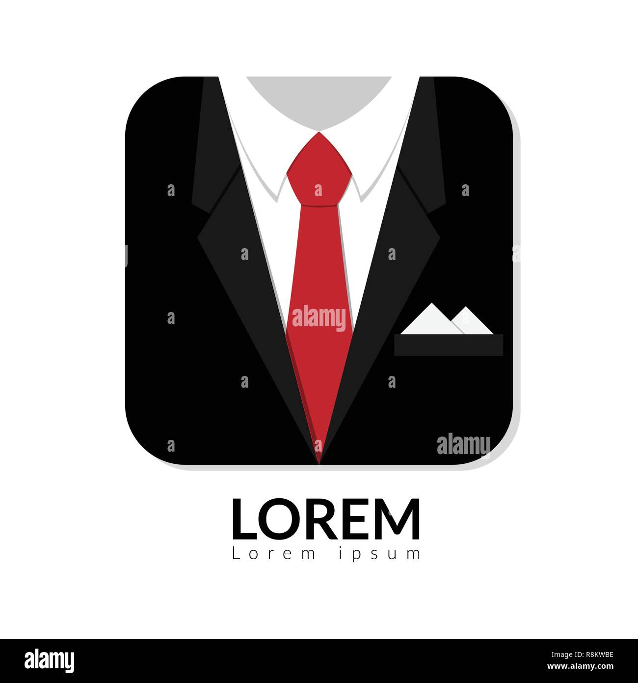 Ilustración vectorial de traje negro con camisa blanca y corbata roja sobre fondo blanco aisladas. Hombre de negocios en traje logo con copia en el espacio, el hombre sui Ilustración del Vector