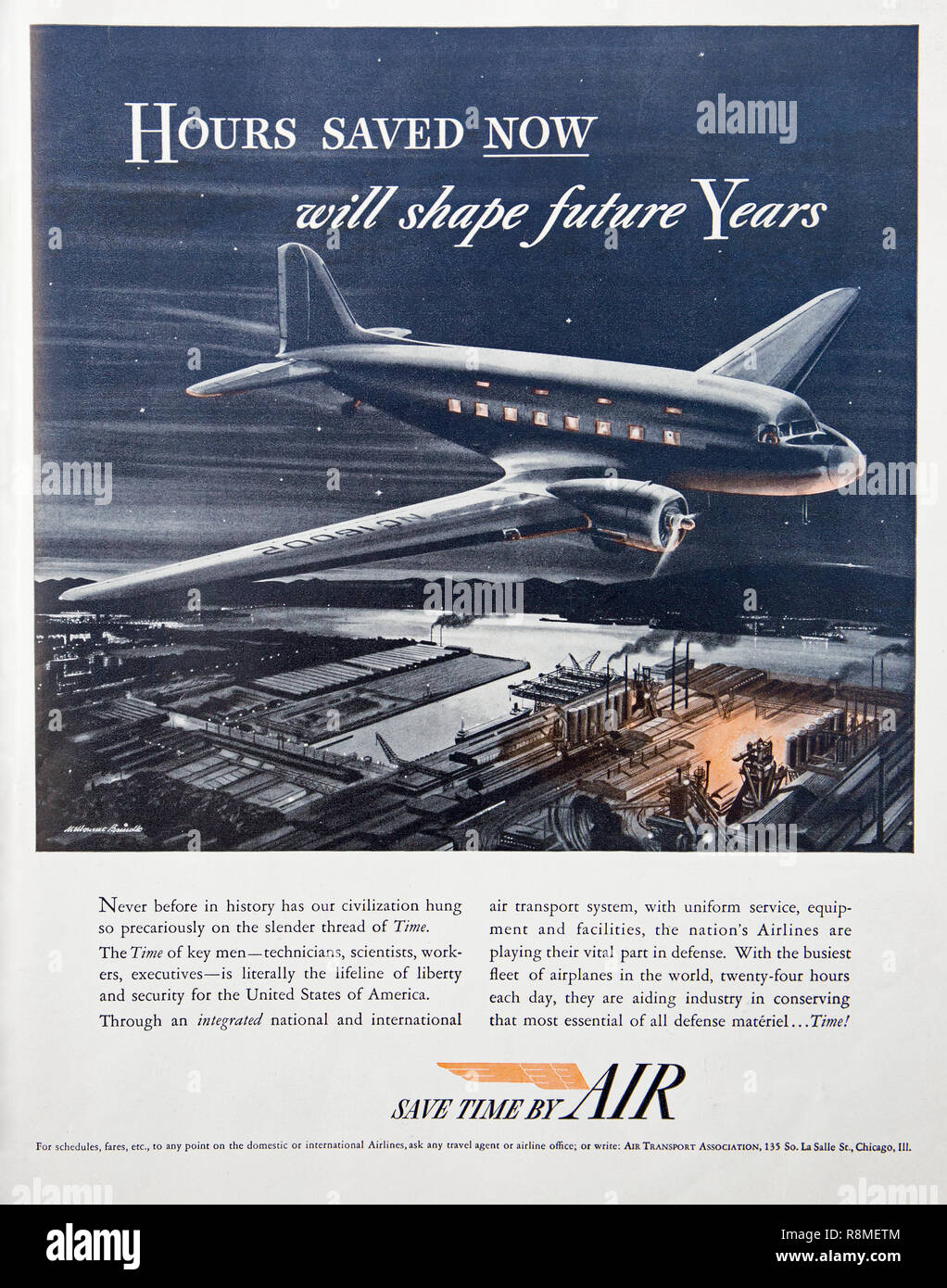 1941 Revista Americana anuncio promocionando los viajes aéreos durante la II Guerra Mundial Foto de stock