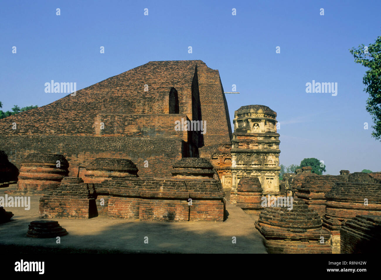 Gran templo principal, torre de esquina y votiva stupa, el lugar no. 3, complejo universitario de Nalanda, Bihar, India Foto de stock