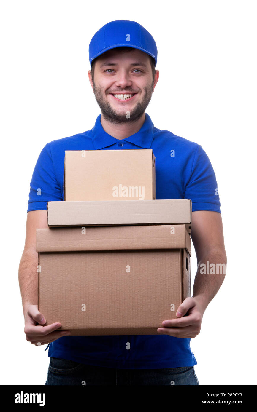 Imagen de hombre courier con cajas de cartón sobre fondo blanco y vacío  Fotografía de stock - Alamy