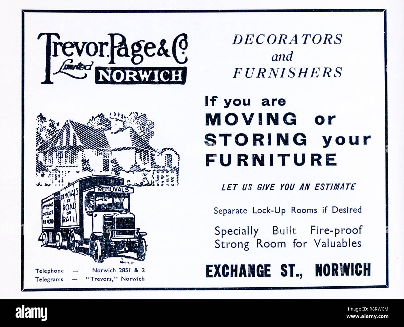 1930 Un anuncio para una empresa de mudanza de muebles, Trevor Página & Co de Norwich. Foto de stock
