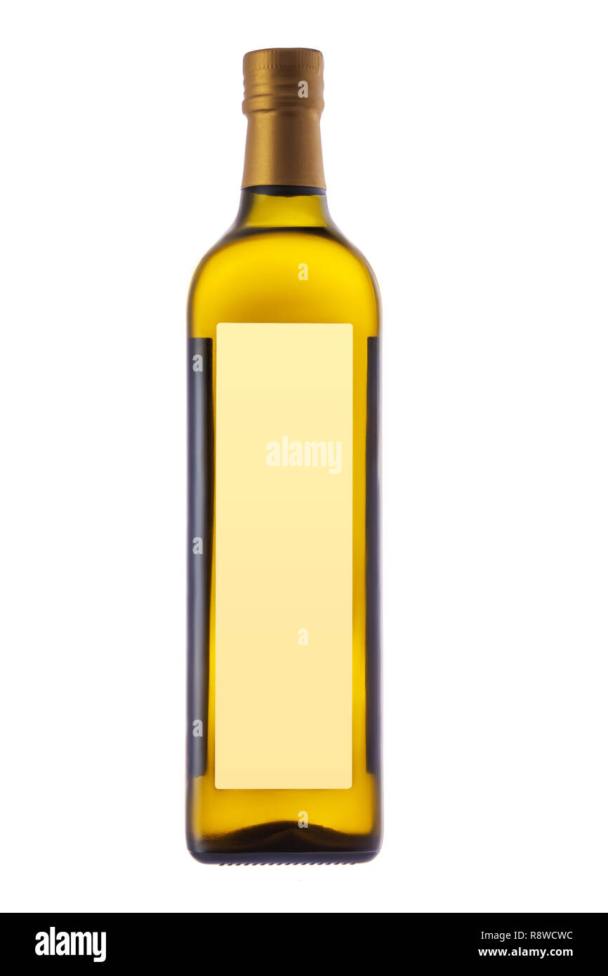 Botella de aceite de oliva virgen extra para la ensalada y cocinar aislado sobre fondo blanco. Foto de stock
