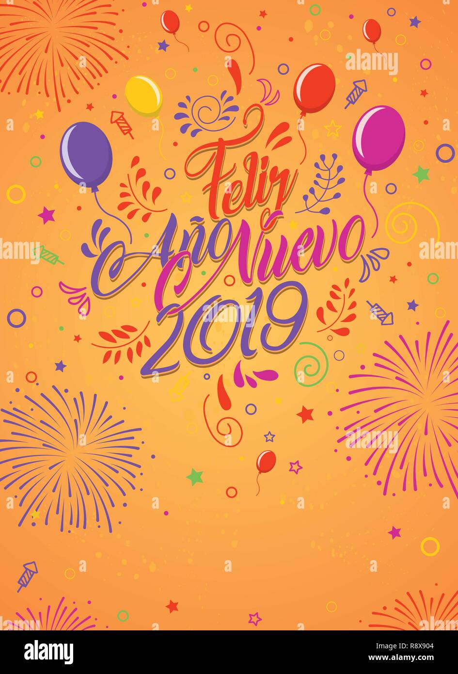 Tarjeta de felicitación con el mensaje: Feliz Ano Nuevo 2019 - Feliz Año  Nuevo 2019 en Español - Tarjeta decorada con globos, estrellas y fuegos  artificiales de Imagen Vector de stock - Alamy