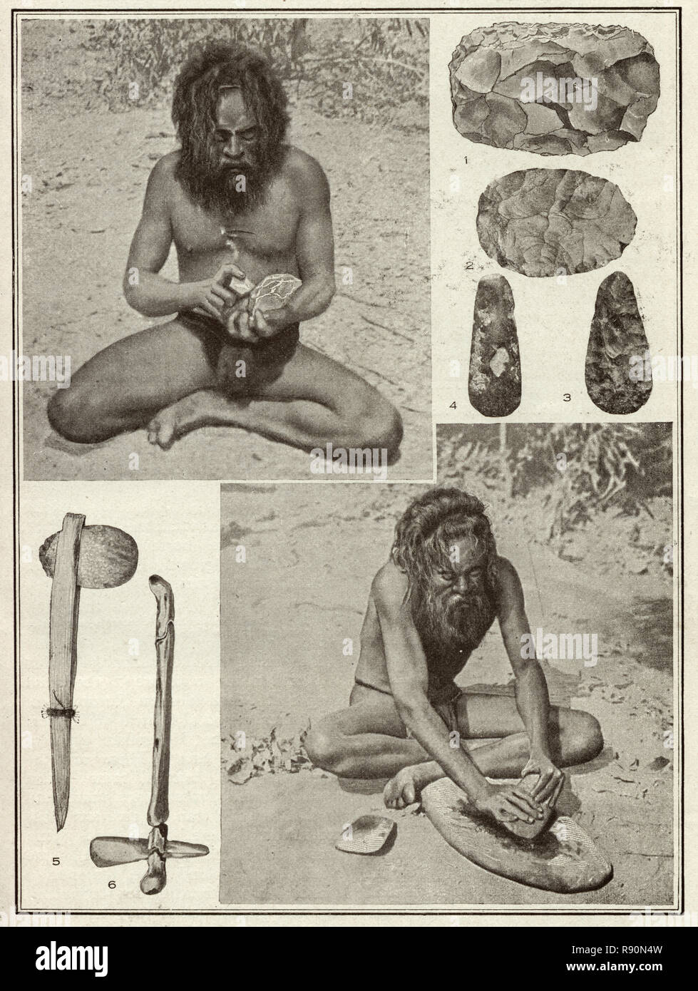 Vintage fotografía de un hombre de la tribu Warumungu haciendo herramientas de piedra y ejes. Los Warumungu (o Warramunga) son un grupo de los Australianos Indígenas del Territorio del Norte. Foto de stock