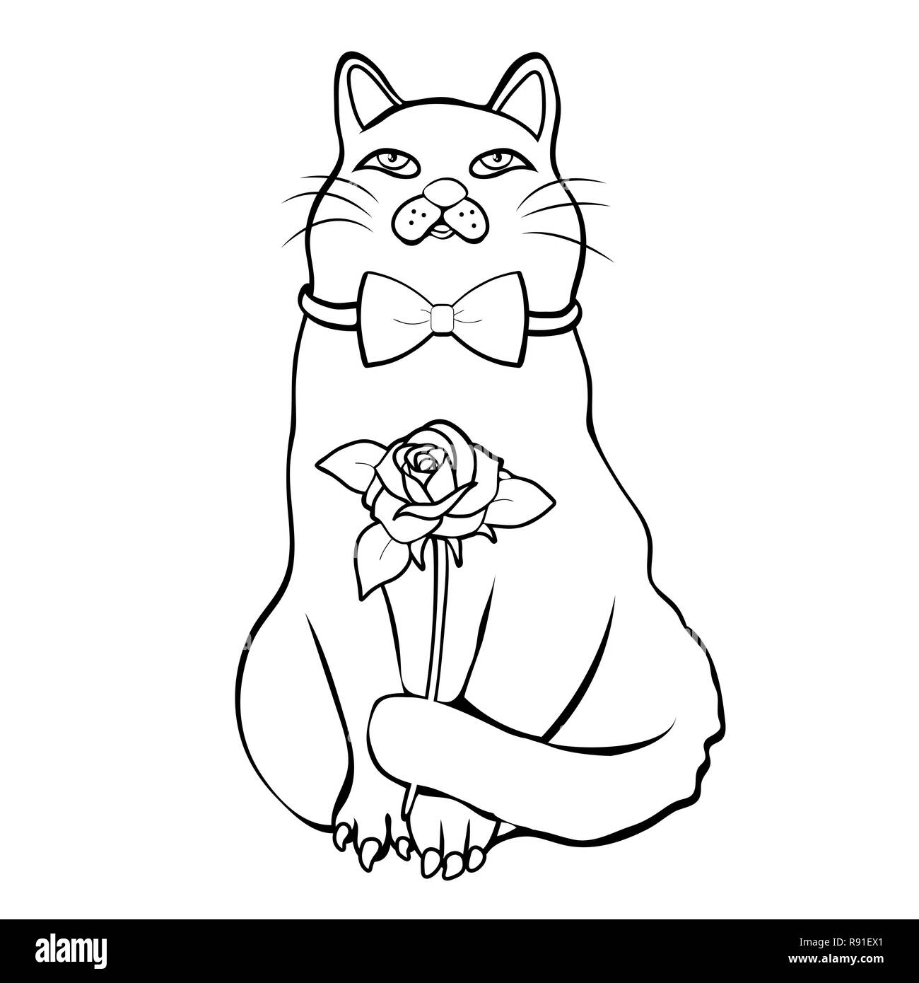Lindo gracioso gato con pajarita celebración flor sobre designación dibujo a mano alzada, lineal, personaje de dibujos animados, vector ilustración en blanco y negro, color, sketc Imagen Vector de stock - Alamy Lindo gracioso gato con pajarita celebración flor sobre designación dibujo a mano alzada, lineal, personaje de dibujos animados, vector ilustración en blanco y negro, color, sketc Imagen Vector de stock - Alamy