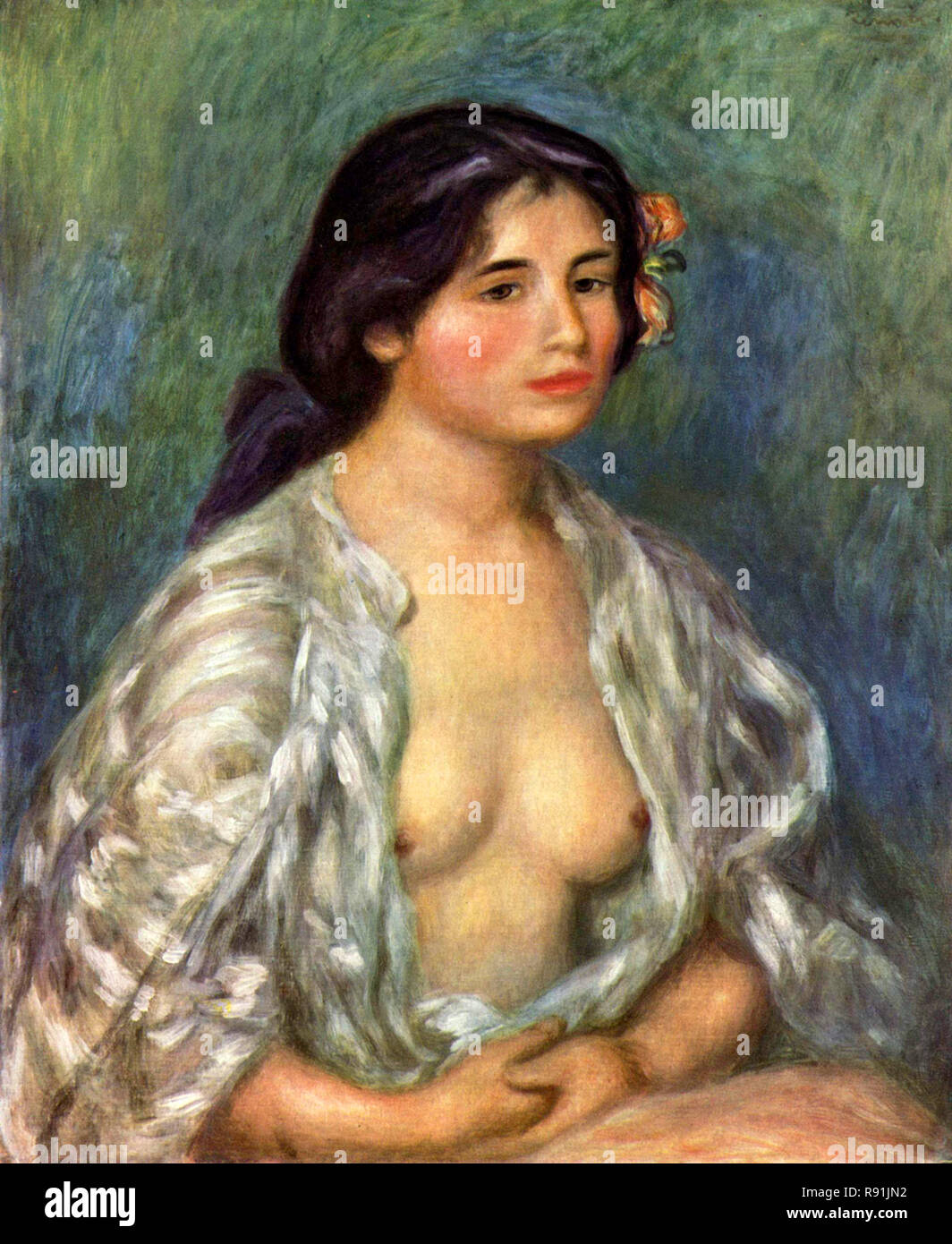 Gabrielle con la blusa abierta, Gabrielle avec la Chemise Ouverte, pintado por el artista impresionista francés Pierre-Auguste Renoir Foto de stock