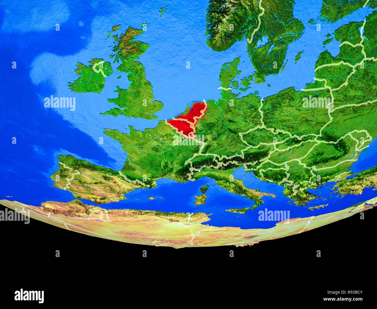 Unión del Benelux desde el espacio sobre el modelo del planeta Tierra con las fronteras del país. Ilustración 3D. Los elementos de esta imagen proporcionada por la NASA. Foto de stock
