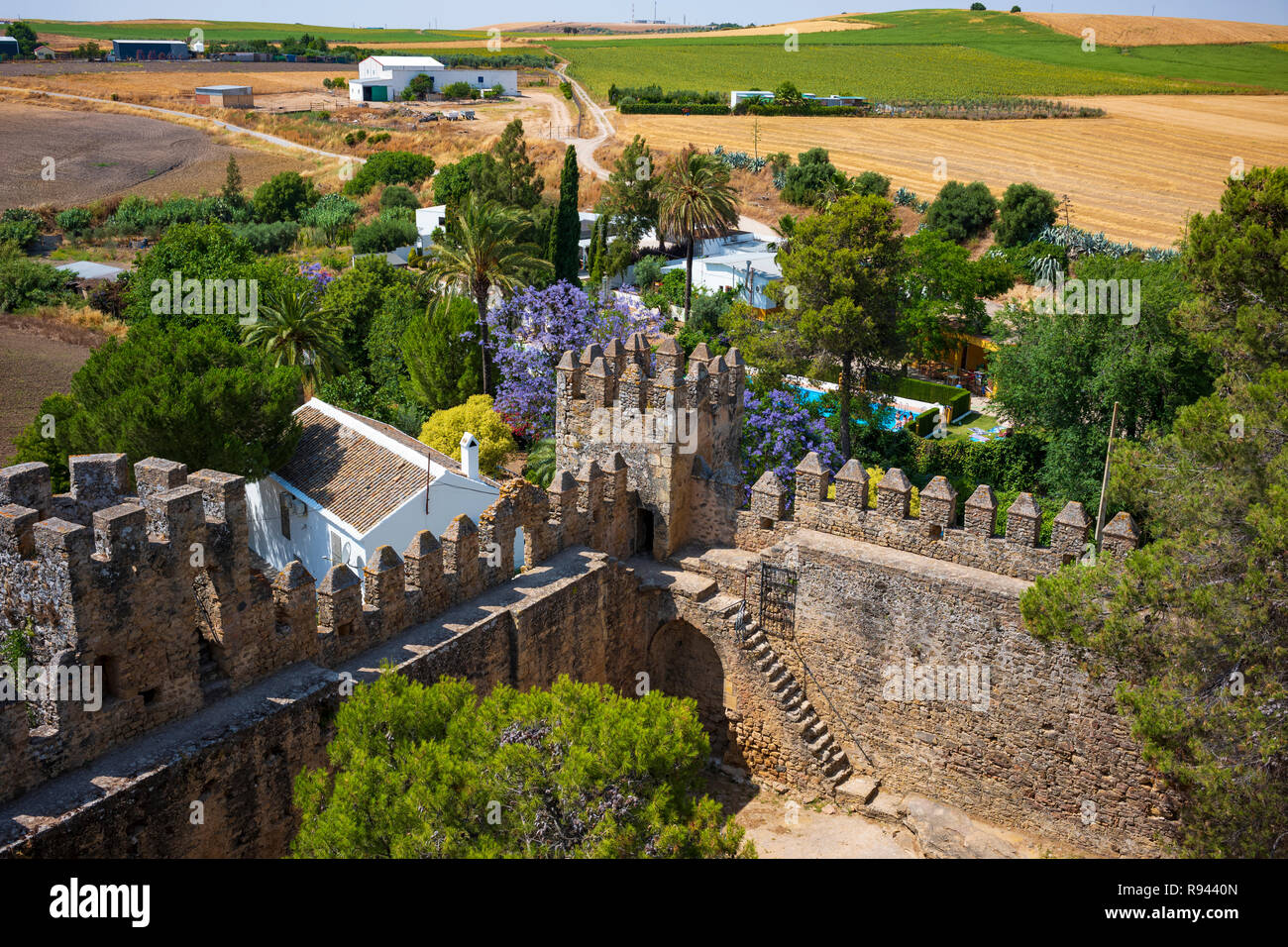 Las Aguzaderas el castillo de piedra abandonados en El Coronil, España, las  ruinas de un castillo del siglo XIV Morrish, descansa en un campo de  girasoles en una despejada, summe Fotografía de