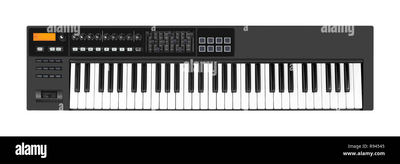 Instrumento musical - Sloseup piano MIDI de 61 teclas aislado fondo blanco. Foto de stock