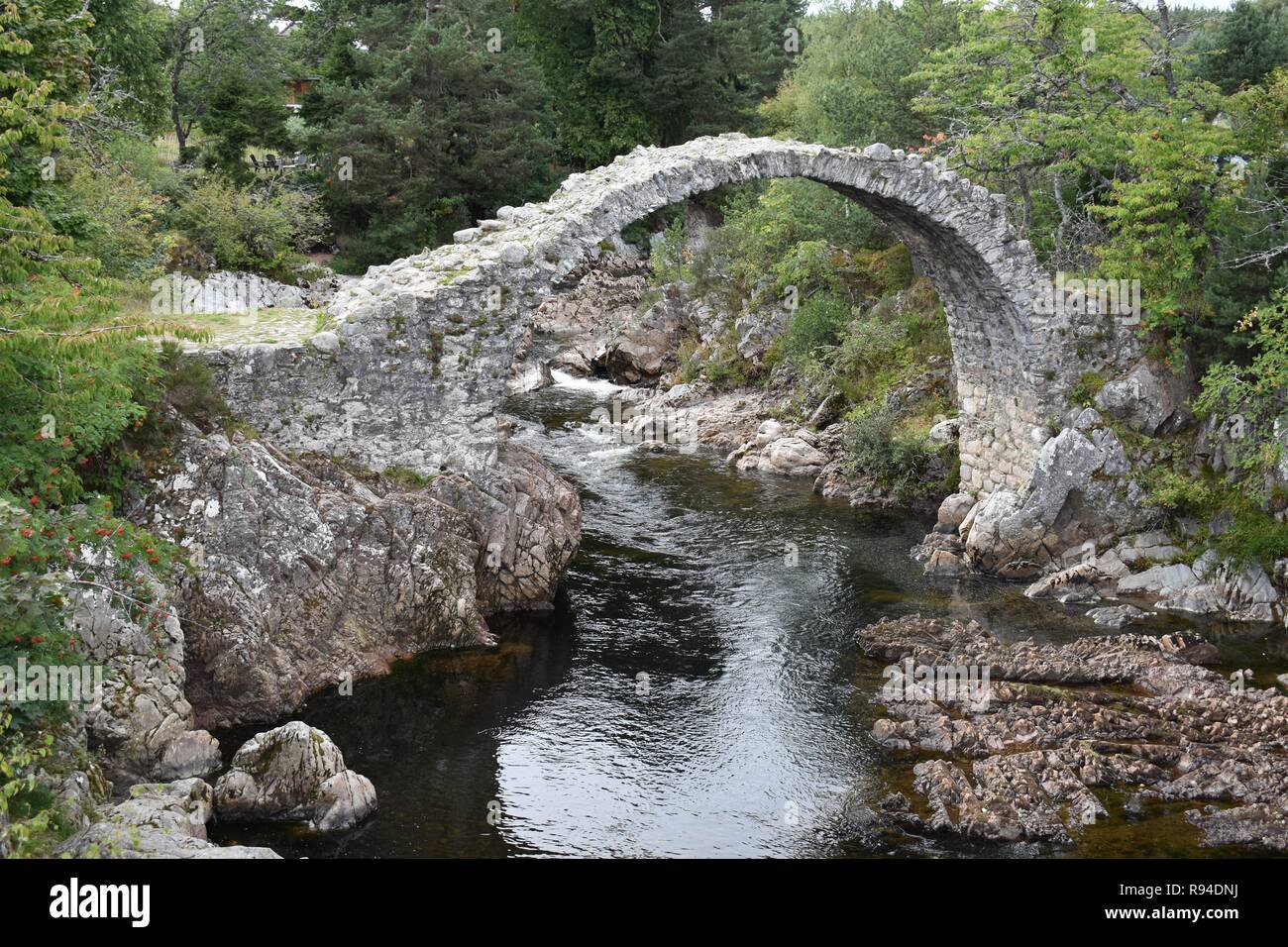 El viejo puente Packhorse, Carrbridge Village, Badenoch y Strathspey, las Highlands escocesas. Foto de stock