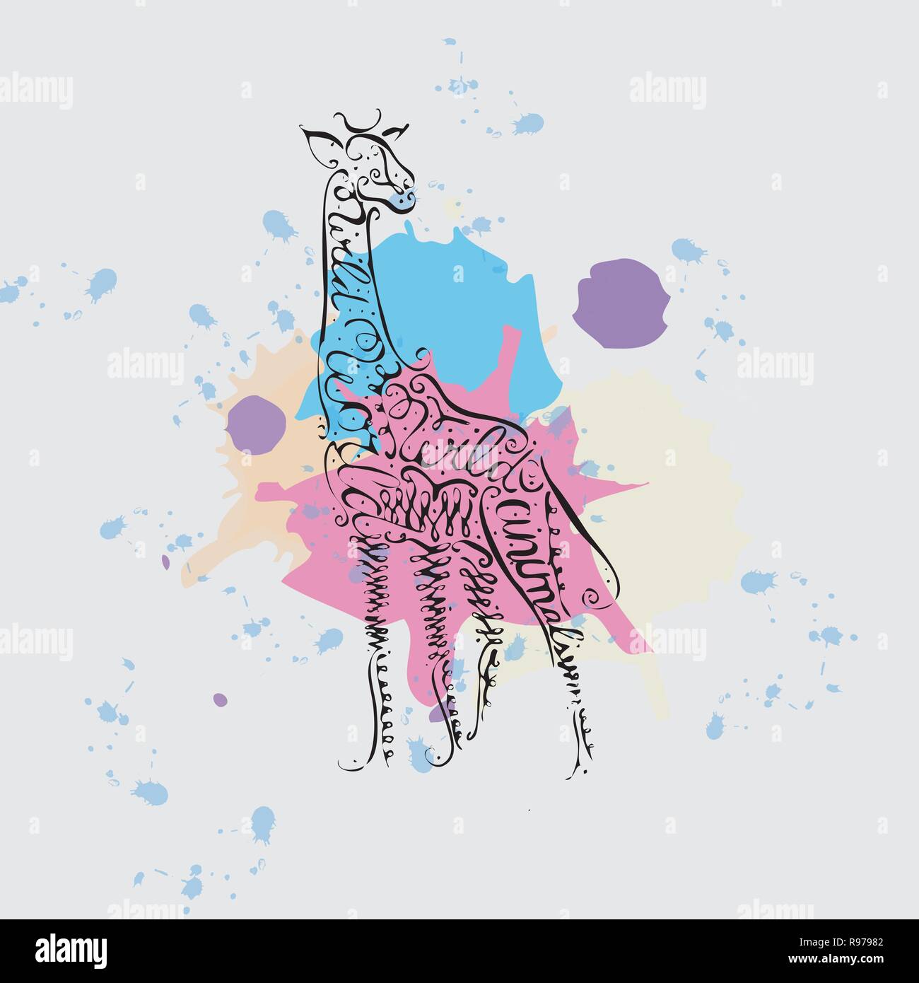 Tinta caligráfica silueta de una jirafa sobre los antecedentes de manchas  de pintura con el texto animales salvajes. Dibujo a mano 10 EPS Imagen  Vector de stock - Alamy