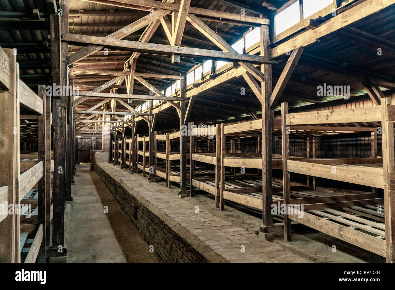 Camas literas de madera en una barraca en Auschwitz - campo de Birkenau, Polonia Foto de stock