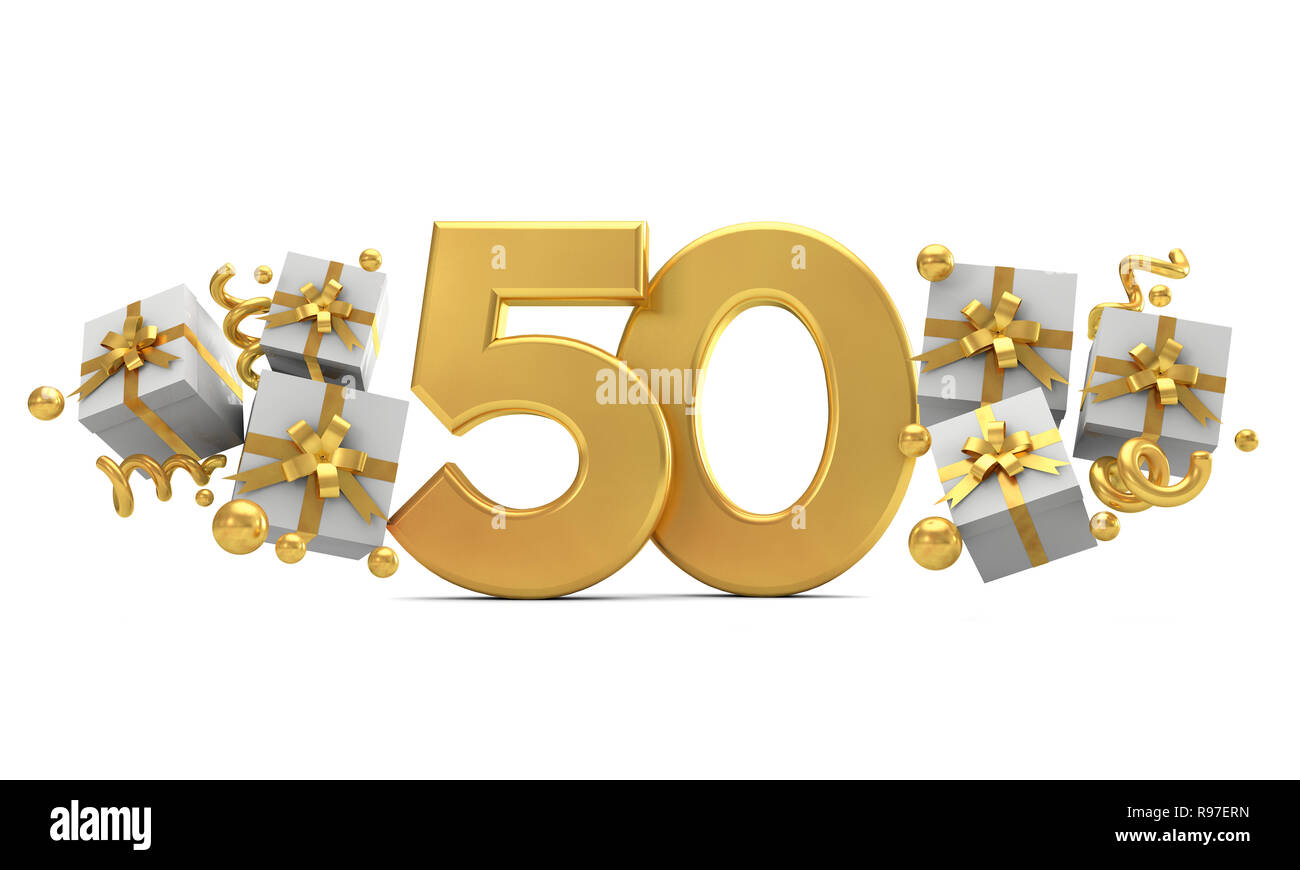 Deliberadamente violación acceso Celebración del Cumpleaños Número 50 de oro número con cajas de regalo. 3D  Rendering Fotografía de stock - Alamy