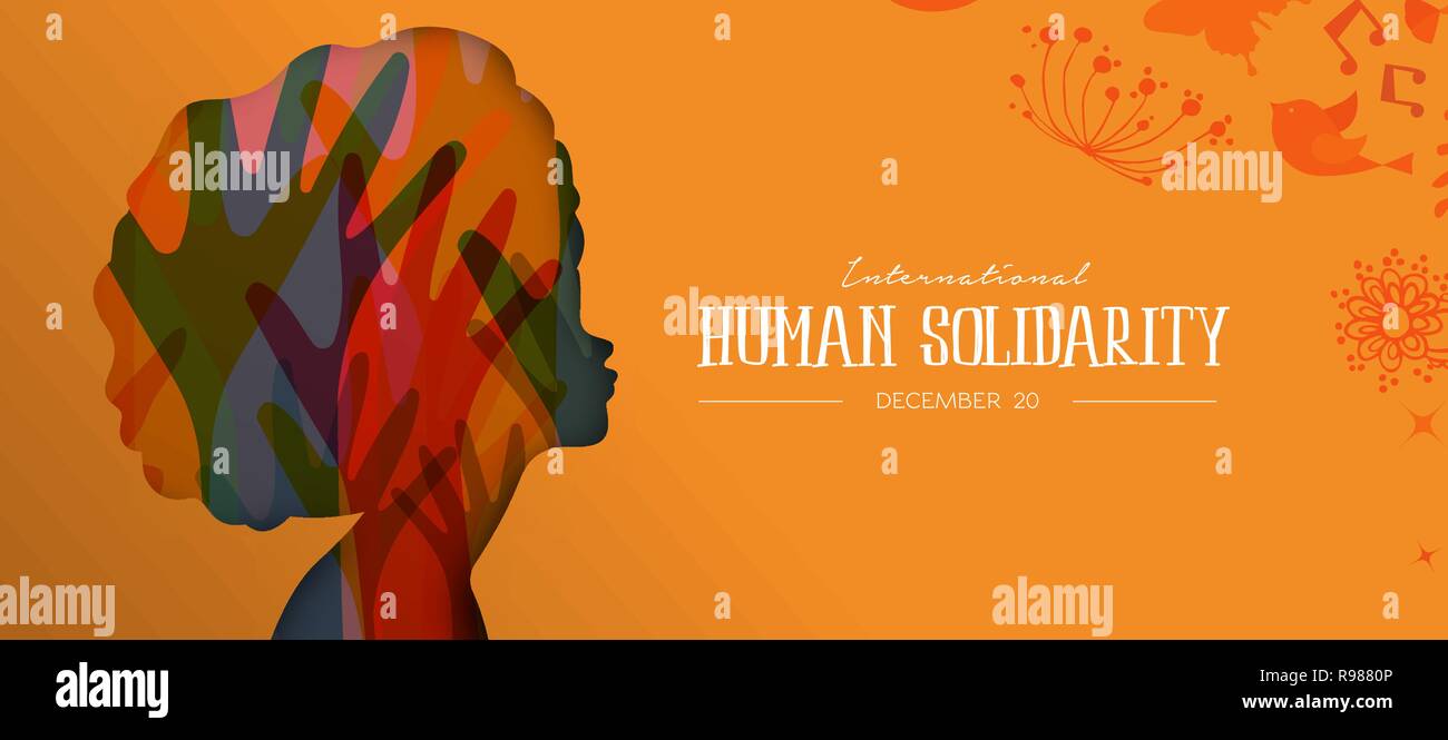 Día Internacional de la Solidaridad Humana ilustración con perfil de mujer afro y colorida diversidad manos, el concepto de apoyo social. Ilustración del Vector