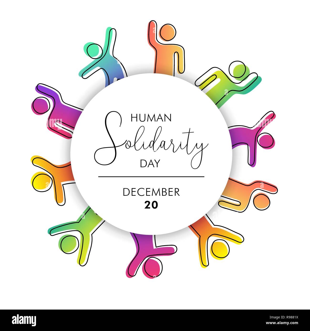Día Internacional de la Solidaridad Humana ilustración con diversidad coloridos pueblos ayudarnos mutuamente para la ayuda de la comunidad, el concepto de apoyo social. Ilustración del Vector