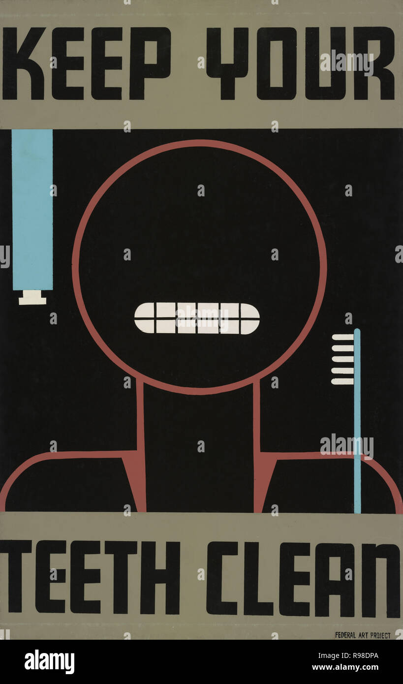 Cartel promueve una buena higiene oral, "mantener sus dientes limpios", proyecto de arte Federal, Administración de obras en progreso, 1938 Foto de stock