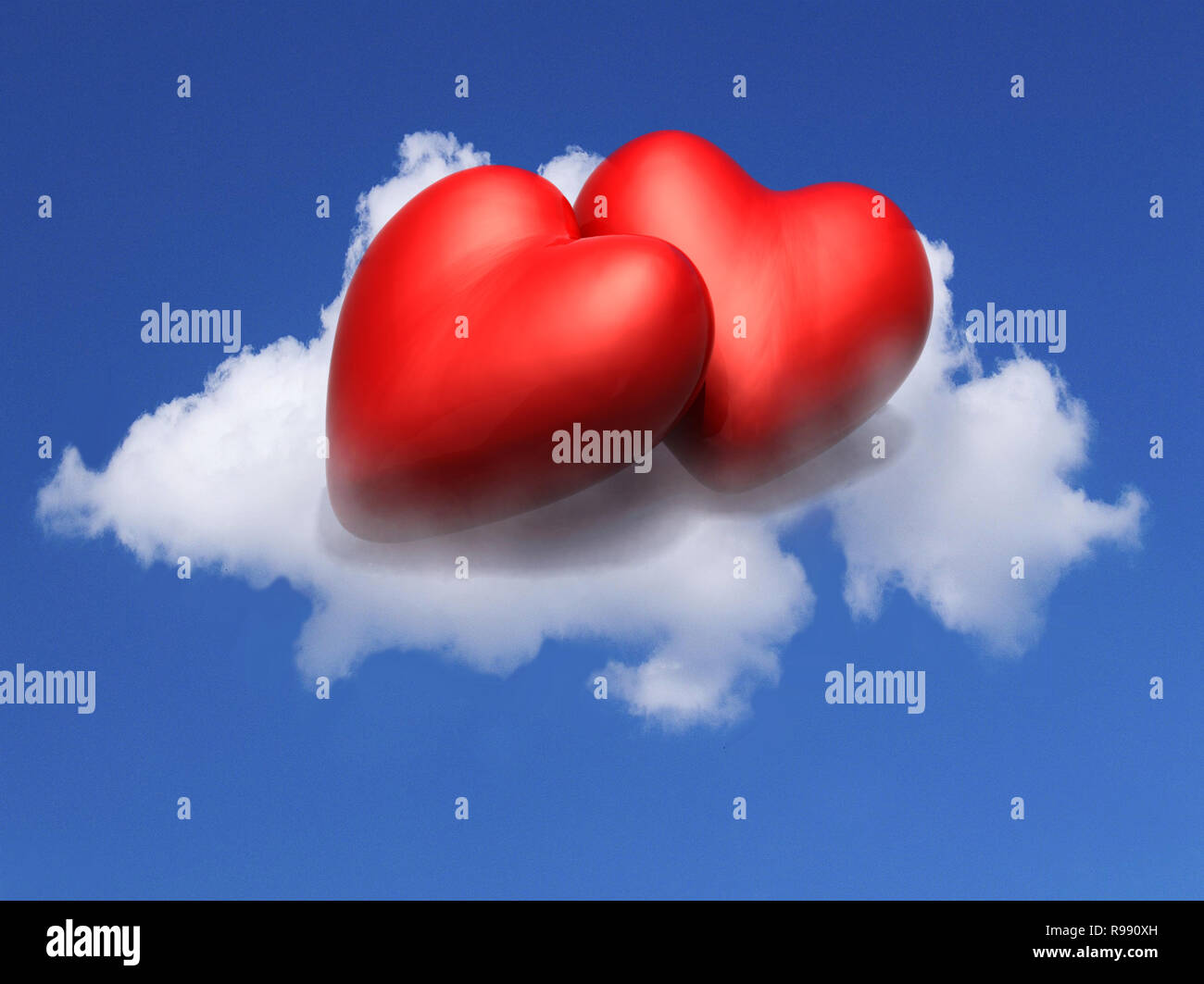 Dos corazones rojos de dibujos animados posa sobre una nube en el cielo azul, la ilustración 3d