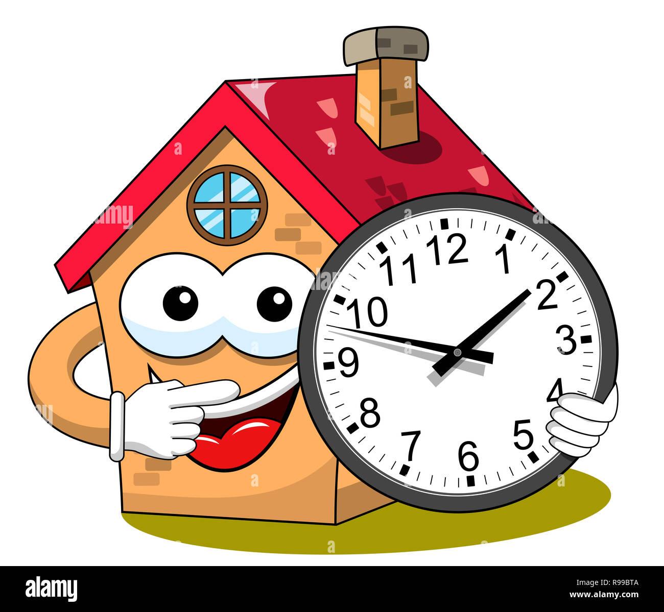 Curioso personaje de dibujos animados de la casa feliz celebración reloj  analógico aislado en blanco Fotografía de stock - Alamy