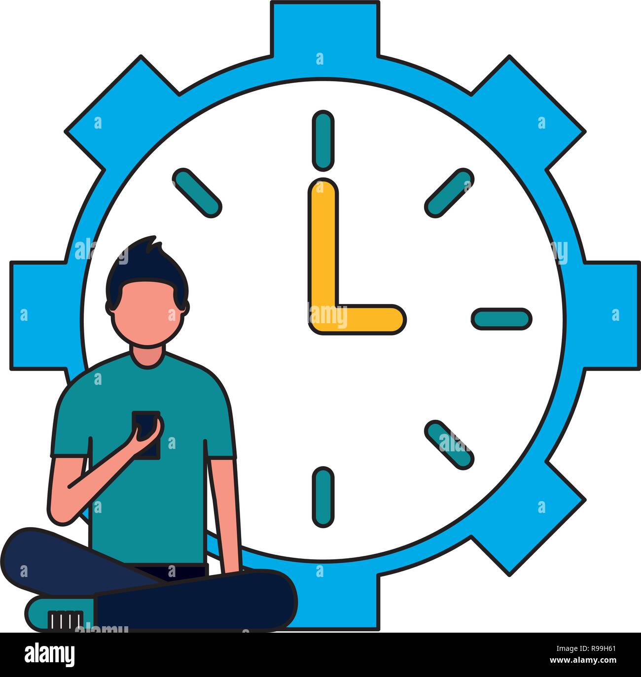 Hombre sentado con el móvil y el reloj de la rutina diaria ilustración  vectorial Imagen Vector de stock - Alamy
