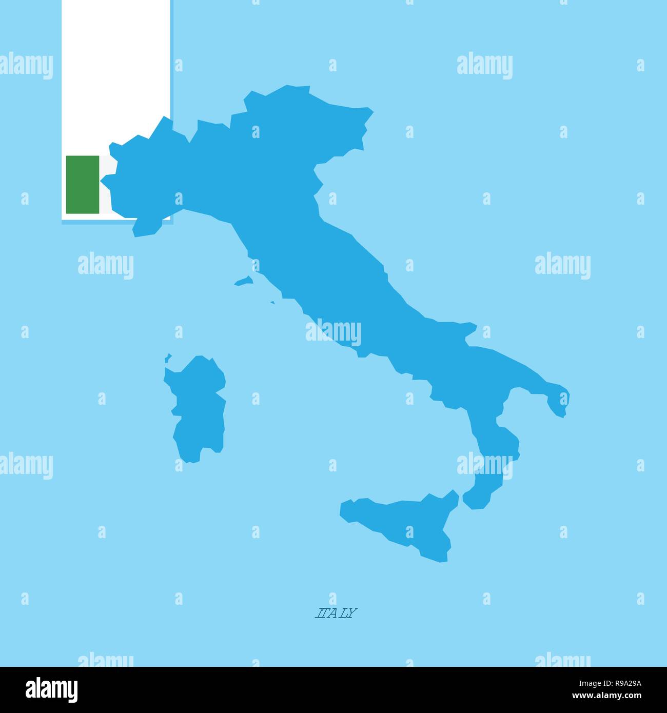 Italia Mapa del país con la bandera sobre fondo azul. Ilustración del Vector