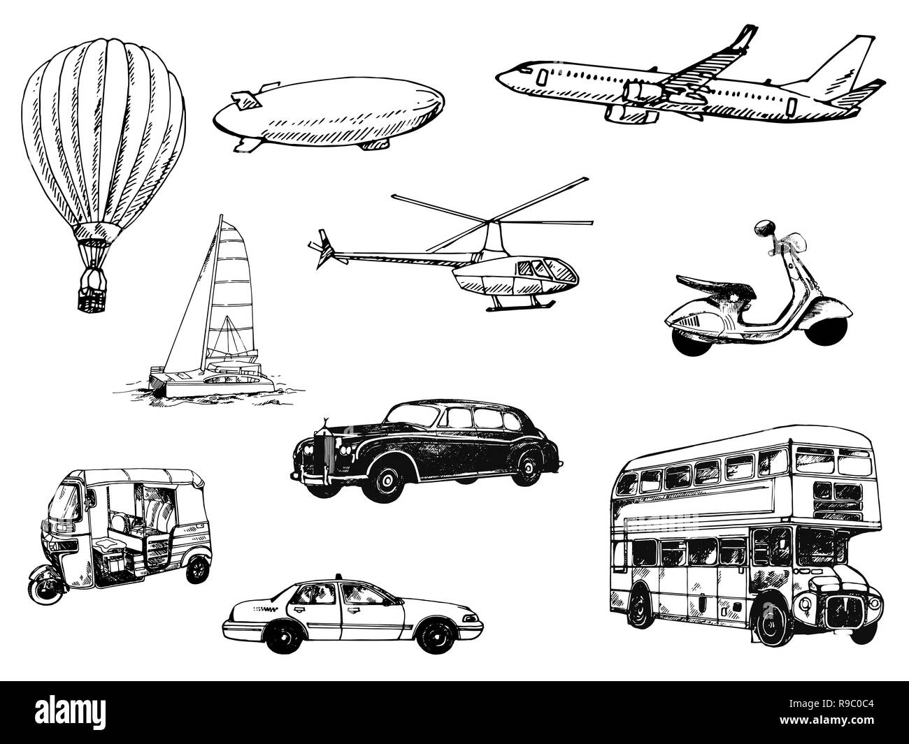 Conjunto de estilo boceto dibujados a mano diferentes tipos de transporte aislado sobre fondo blanco. Ilustración vectorial. Ilustración del Vector