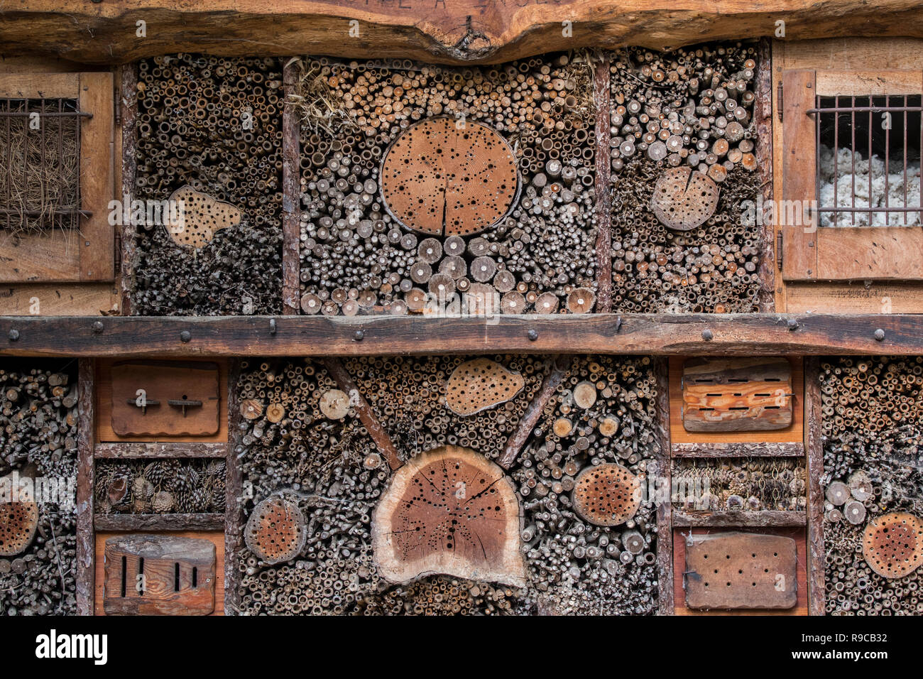 Hotel de insectos por abejas solitarias y lugar de anidamiento artificial para insectos o invertebrados ofreciendo nido agujeros / cavidades en tallos huecos y bloques de madera Foto de stock