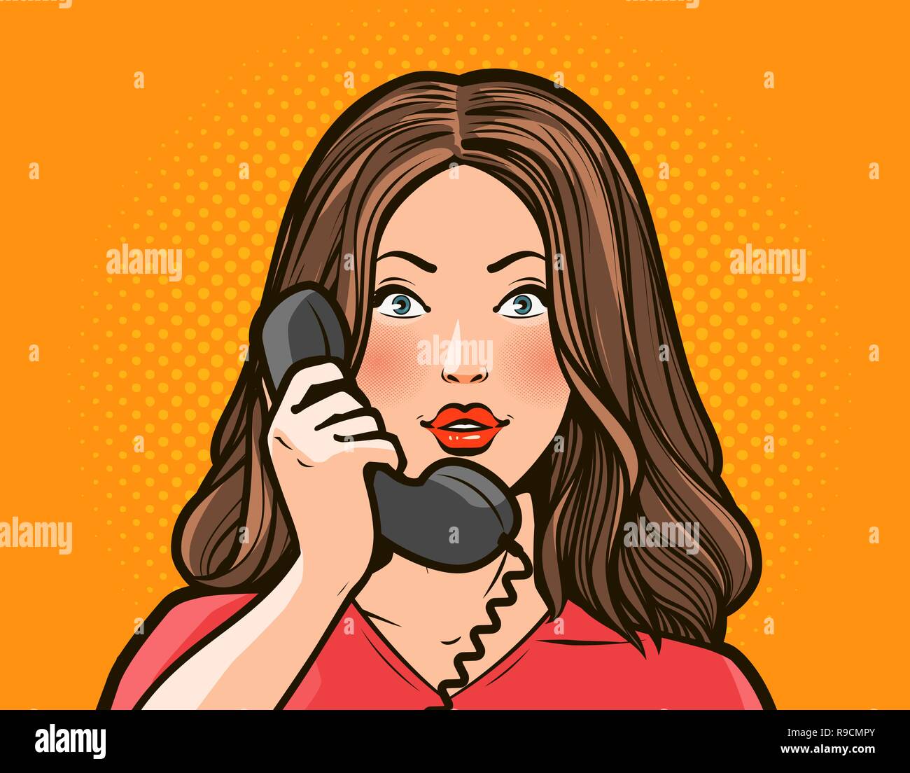 Niña o mujer joven hablando por teléfono. Conversación telefónica. Pop art comic estilo retro Ilustración del Vector