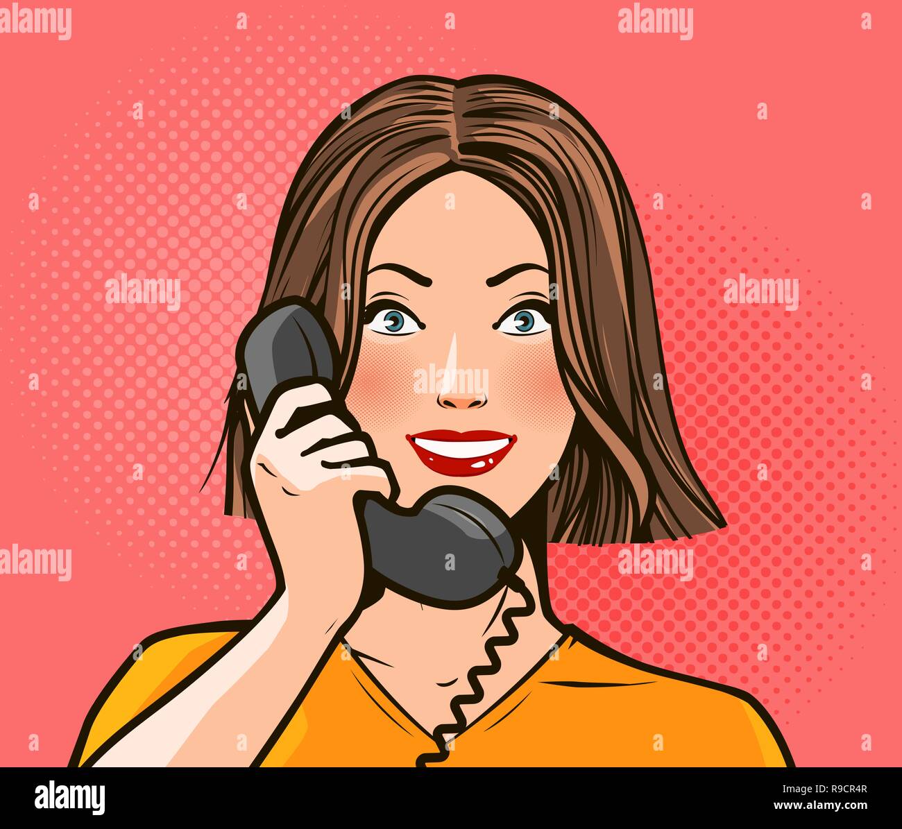 Feliz niña o mujer joven hablando por teléfono. Conversación telefónica. Pop art comic estilo retro, vector Ilustración del Vector